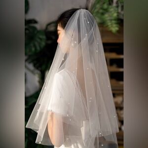 Pearl Beaded Short Wedding Veil with Comb Waist Length